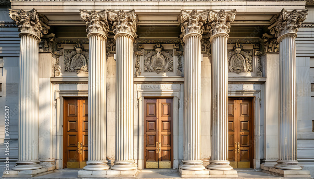 Poster A traditional bank building is showcased - with classical columns and a sign hanging above the entrance - wide format