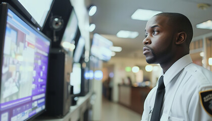 A bank security guard is intently watching multiple surveillance cameras - emphasizing the need for security in banking - wide format