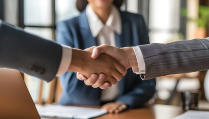 A bank manager is shaking hands with a satisfied customer inside a modern bank interior - celebrating a completed deal - wide format - obrazy, fototapety, plakaty