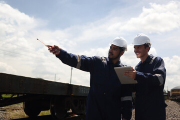 maintenance and technician railway checking the power train of oil cargo train and the railway work on railroad station with tablet.