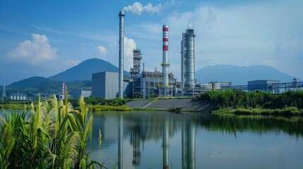 A pipeline coming from the modern ecological hydrogen factory in the background, green energy production, professional photo