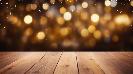 empty wooden table with golden bokeh background 