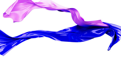 shiny blue purple fabric design element, 3d rendering cloth material flying in the wind. Waving cloth isolated on transparent PNG background	