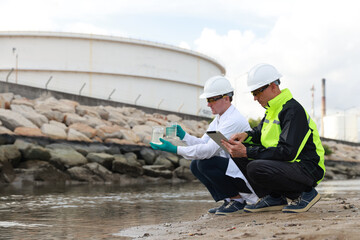 Two specialist  of environmentalist working to collect the water samples and visibly check quality ...