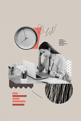 Vertical collage poster sitting overloaded woman employee missing deadline punctuality trouble...
