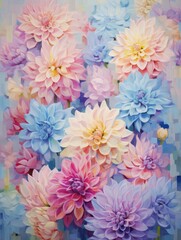 A vibrant painting featuring an assortment of colorful flowers against a bright blue background. Each flower showcases rich hues and intricate details, creating a visually striking composition.
