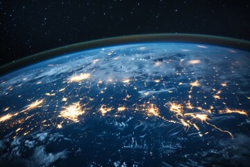 Obraz premium Top view on nightly planet earth with lights illuminated of cities from dark outer space
