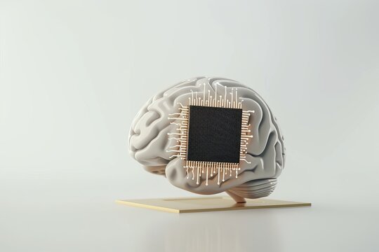 AI Brain Chip brain computer interface. Artificial Intelligence brain computer interfacing mind timing circuits axon. Semiconductor motherboard circuit board visual diagnosis