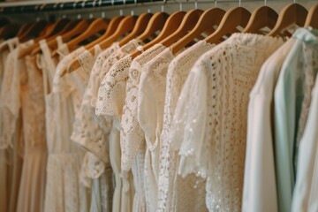 Clean, ironed dresses on a hanger in a store or at home in a light wardrobe. Clothing store concept for sale	
