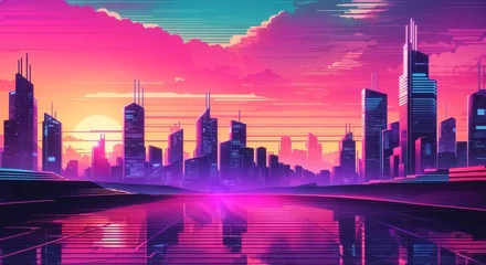 Wall murals Pink Synthwave retro city landscape background at sunset