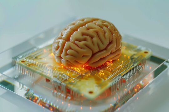AI Brain Chip led driver circuits. Artificial Intelligence semiconductor design mind data synchronization axon. Semiconductor parallel processing circuit board brain training