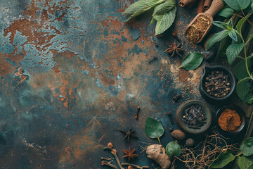 Different spices, herbs and roots view from the top. On rustic background. Free space for text.