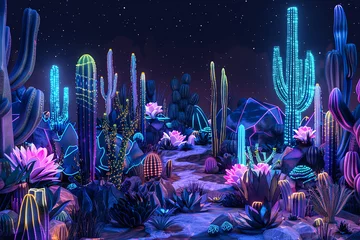 Wandcirkels tuinposter  cactus, neon cactus, cyberpunk cactus, cactus in the desert, Vibrant desert cacti illuminated in a neon glow, cactus in the dark © fadi