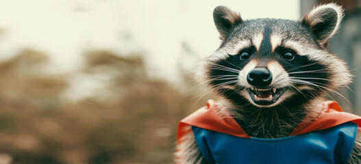 Close up portrait of a raccoon in a superman costume wearing glasses, banner with copyspace
 - obrazy, fototapety, plakaty