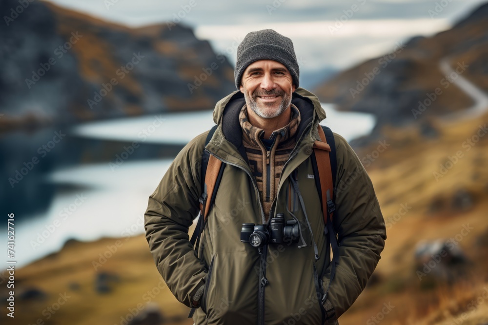 Canvas Prints Portrait of a smiling senior man with backpack and binoculars in the mountains.