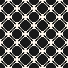 Vector geometric monochrome seamless pattern with curved shapes, grid, lattice, circles, lines. Simple elegant black and white ornament texture. Minimal abstract background. Repeated tileable design