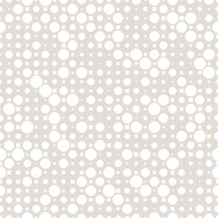 Subtle vector seamless pattern with small randomly scattered curved shapes, circles, squares, dots. Elegant modern white and beige background with halftone effect. Simple geo texture. Minimal design