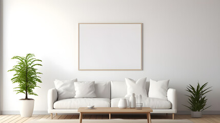 An empty horizontal poster frame mockup adorning the walls of a serene Scandinavian white style living room interior, creating a sense of tranquility.