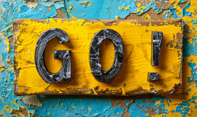 Motivational yellow sticky note with the word GO! handwritten in bold, black ink, isolated on a plain, bright background, inspiring action and urgency