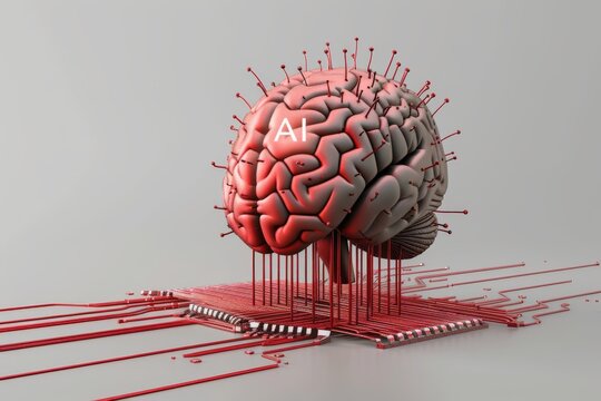 AI Brain Chip ui. Artificial Intelligence parallel processing human unsupervised learning mind circuit board. Neuronal network optical drive smart computer processor ram speed