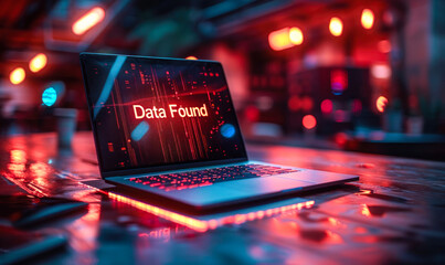 Illuminated laptop screen displaying Data Found with a vibrant red binary code background in a dimly lit urban setting reflecting digital data recovery