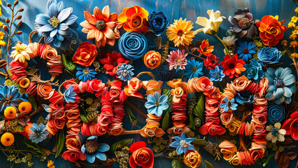 Fototapeta na wymiar Colorful and vibrant floral typography design spelling Spring', filled with a variety of flowers, representing the fresh and blooming season of rejuvenation