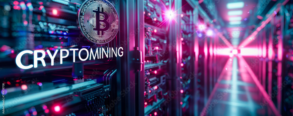 Poster server racks in a data center with a digital overlay of a bitcoin symbol and the word cryptomining, 