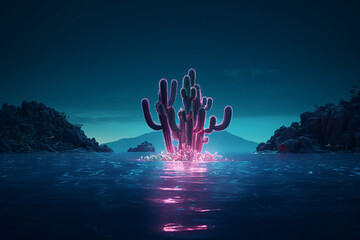 cactus, neon cactus, cyberpunk cactus, cactus in the desert, Vibrant desert cacti illuminated in a neon glow, cactus in the dark - obrazy, fototapety, plakaty