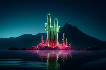 Fototapete  cactus, neon cactus, cyberpunk cactus, cactus in the desert, Vibrant desert cacti illuminated in a neon glow, cactus in the dark © fadi