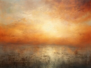 Fototapeta premium The painting depicts the vibrant hues of the setting sun casting a warm glow over the tranquil water body, creating a serene and captivating scene.