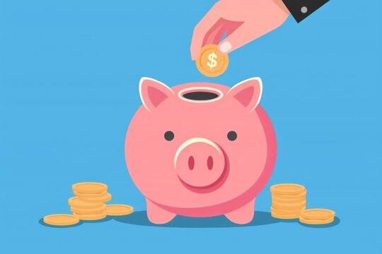piggy bank saving money concept with hand on blue background and hand adding coins Generative AI