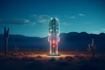 Wandcirkels aluminium  cactus, neon cactus, cyberpunk cactus, cactus in the desert, Vibrant desert cacti illuminated in a neon glow, cactus in the dark © fadi