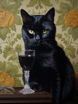 A black cat with yellow eyes sits next to a glass of red wine, set against a neutral background.