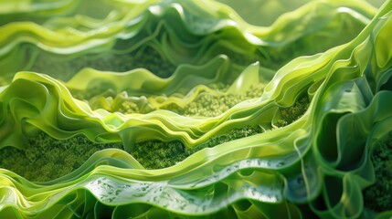 Fluid Dynamics in Nature, Lush Green Liquid Waves Abstract Background with Light Reflections
