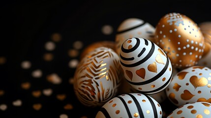 Golden, black and white Easter eggs painted with stripes, hearts and dots in corner of black background