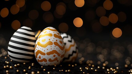 Golden, black and white Easter eggs painted with stripes, hearts and dots in corner of black background