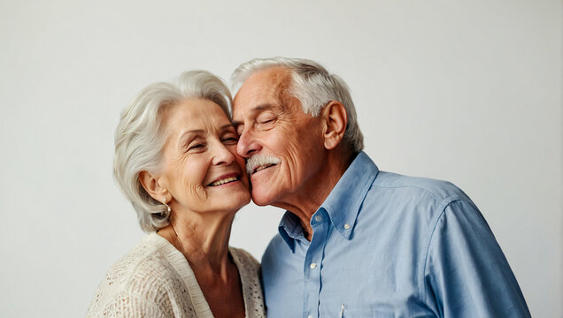 Happy Beautiful Elder Couple Sharing A Kiss On A Clean White Background