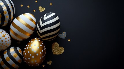 Golden, black and white Easter eggs painted with stripes, hearts and dots in corner of black background