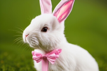 White rabbit wearing pink bow against green background