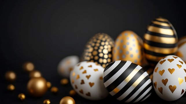 Golden, black and white Easter eggs painted with stripes, hearts and dots in corner of black background