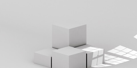 White simple cube empty product stage 3d background of blank space scene template platform display with window light or modern wall interior backdrop podium and geometric studio show room on presentat