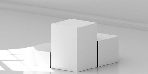 Abstract white 3D room with realistic white cube shape stand or podium set with natural window light scene. Minimal wall scene for product display presentation.  geometric platform design. Stage for s