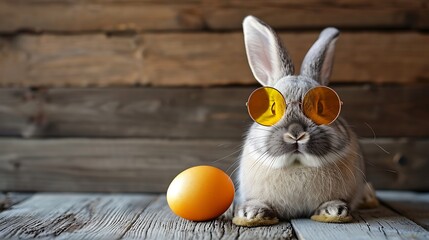 Little adorable bunny rabbit with sun glasses stay on gray table with brown wood background