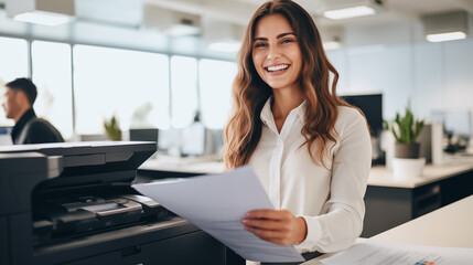 A radiant woman in business attire is standing beside an office printer, holding documents with a bright, engaging smile.