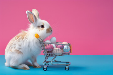 Cute rabbit, colorful painted easter eggs and a shopping trolley. Concept of happy easter day.