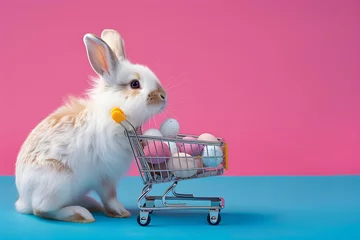 Foto op Plexiglas Cute rabbit, colorful painted easter eggs and a shopping trolley. Concept of happy easter day. © ZayWin