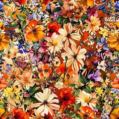 floral background Flowers of many colors and types, watercolors, leaves, fabric patterns, seamless, art, culture, handicrafts, peach, design, background  fashionable spring binding summer charming art