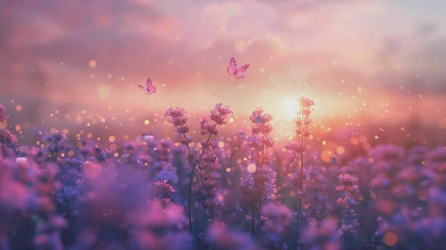 view of purple lavender garden in flower field, butterflies flying in the morning 4k animated video background