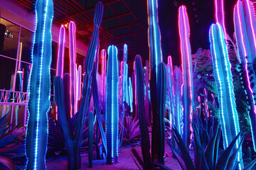  cactus, neon cactus, cyberpunk cactus, cactus in the desert, Vibrant desert cacti illuminated in a...