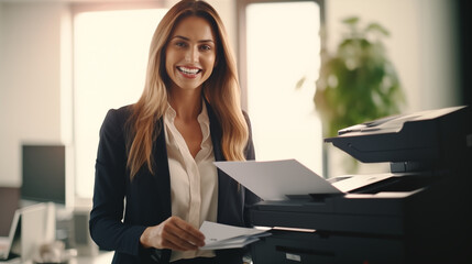 Attractive businesswoman in a blazer collecting printed documents from an office printer, exuding confidence and professionalism.